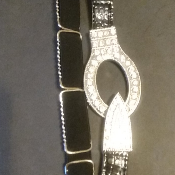 BELT Studded Black Leather Rhinestone Silvertones Regency Core Class Stretch main image 6